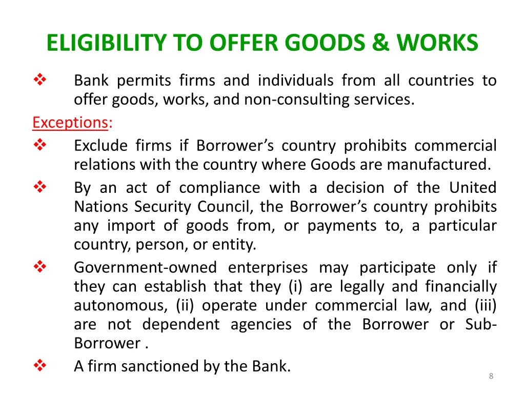 eligibility to offer goods works