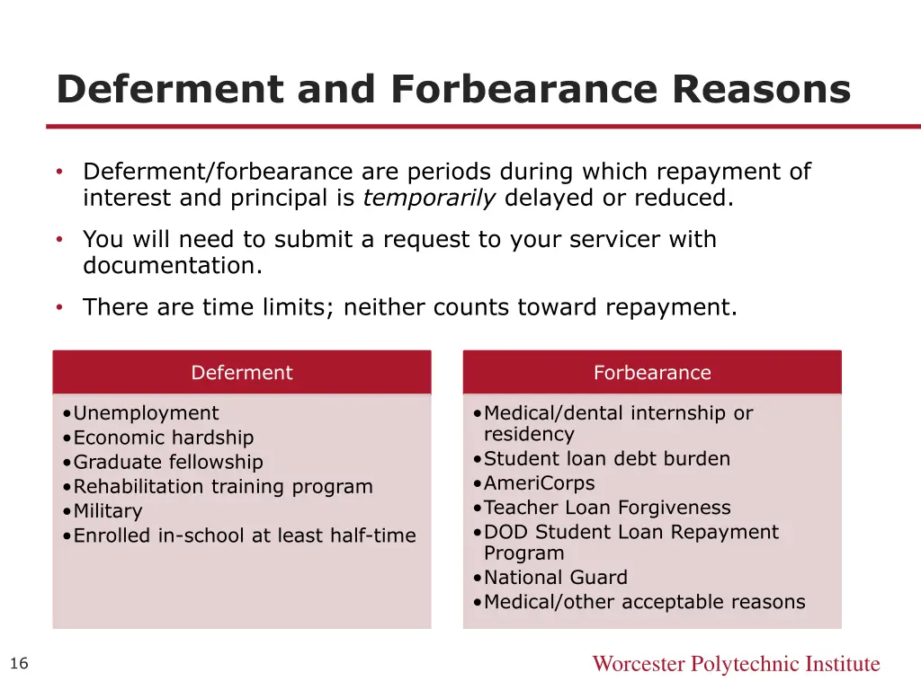 deferment and forbearance reasons