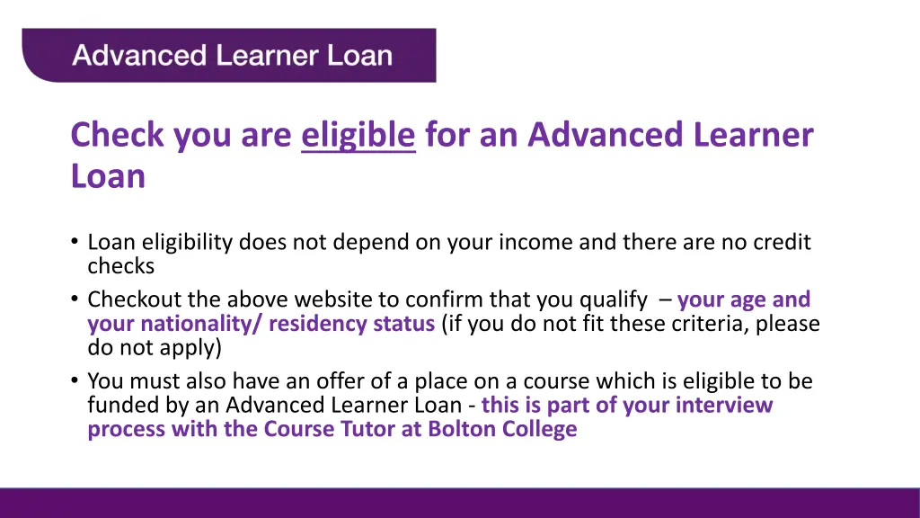 check you are eligible for an advanced learner