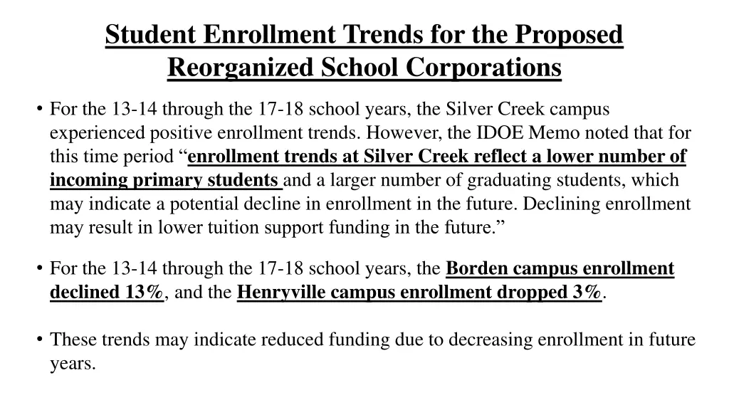 student enrollment trends for the proposed