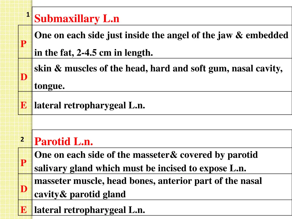 1 submaxillary l n one on each side just inside