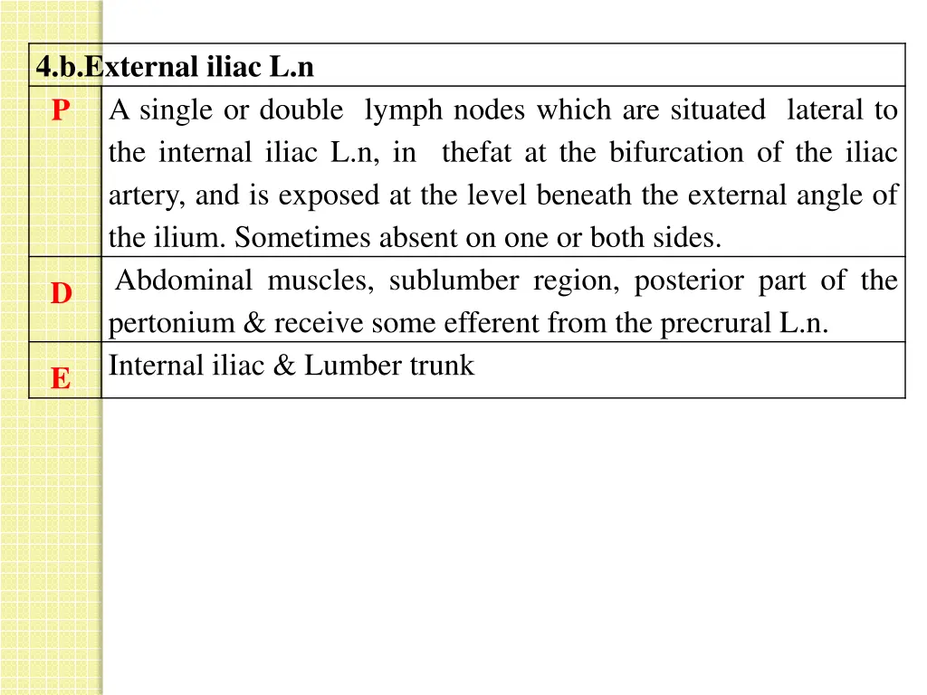 4 b external iliac l n p a single or double lymph