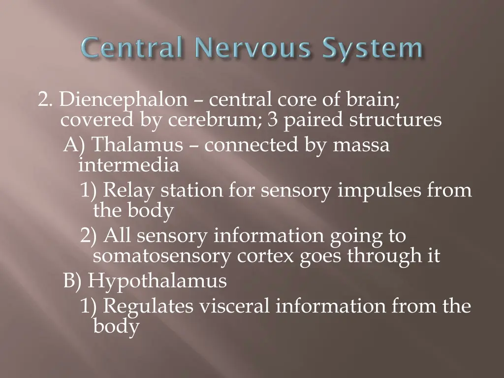 2 diencephalon central core of brain covered