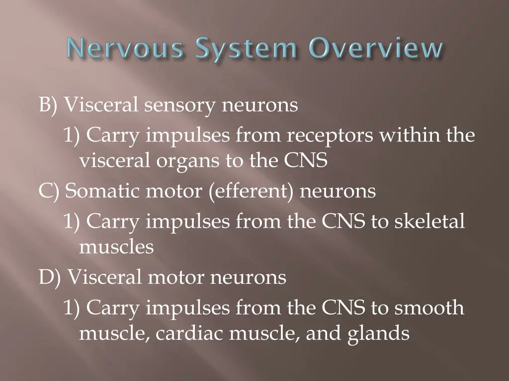 b visceral sensory neurons 1 carry impulses from