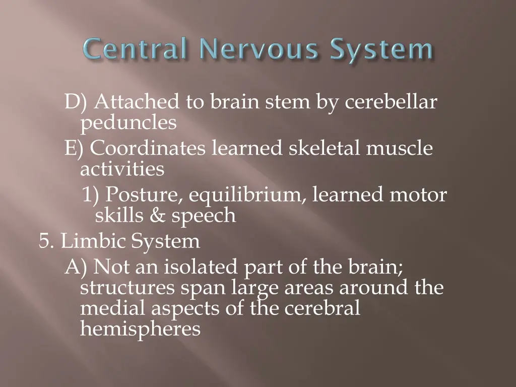 d attached to brain stem by cerebellar peduncles