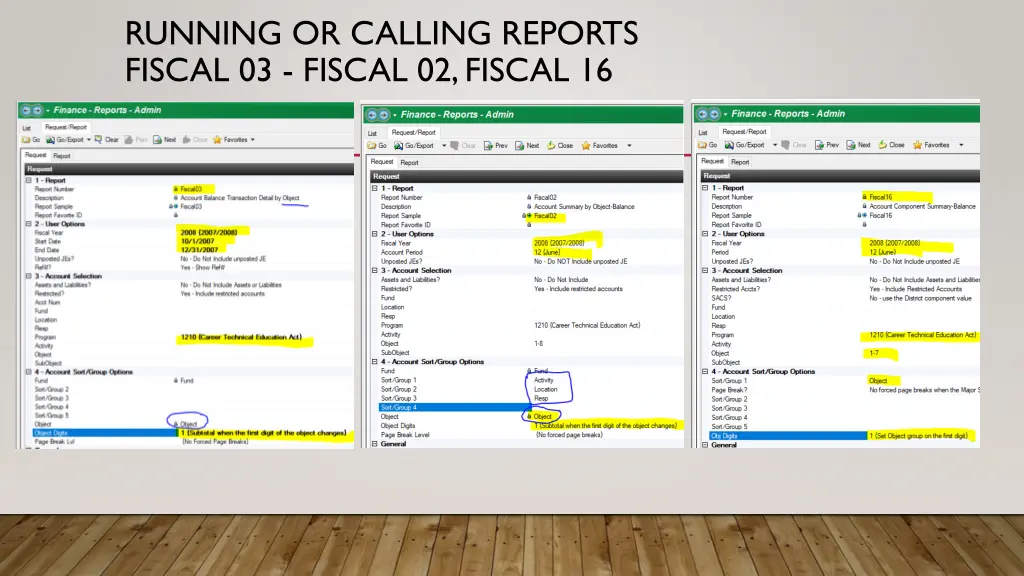 running or calling reports fiscal 03 fiscal