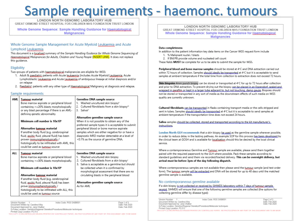 sample requirements haemonc tumours