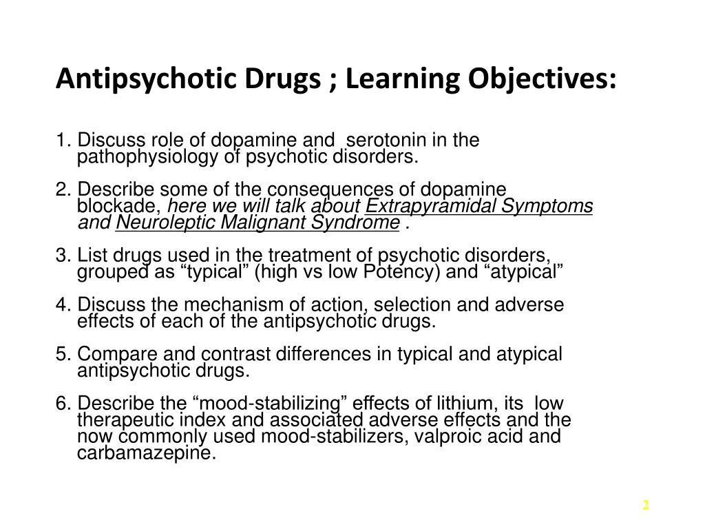 antipsychotic drugs learning objectives