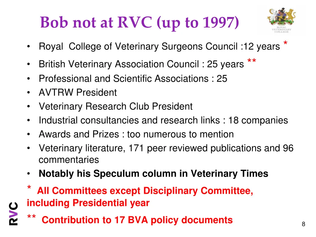 bob not at rvc up to 1997