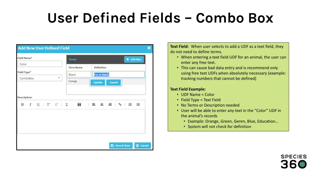 user defined fields combo box