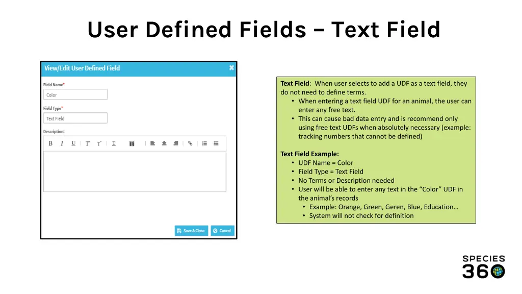 user defined fields text field