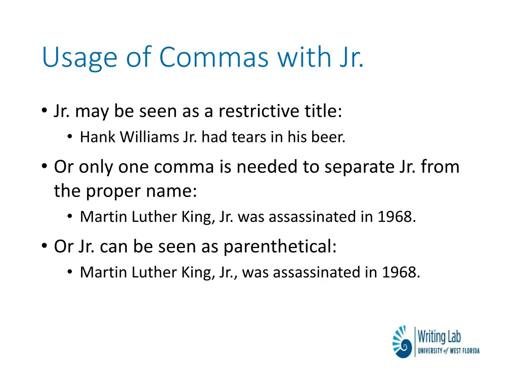 usage of commas with jr