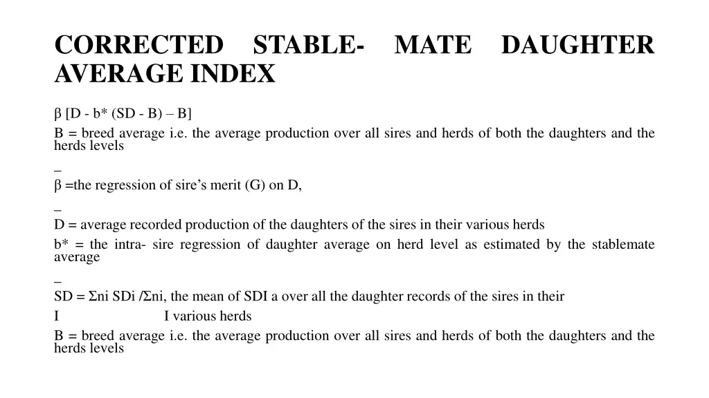 corrected stable mate daughter average index