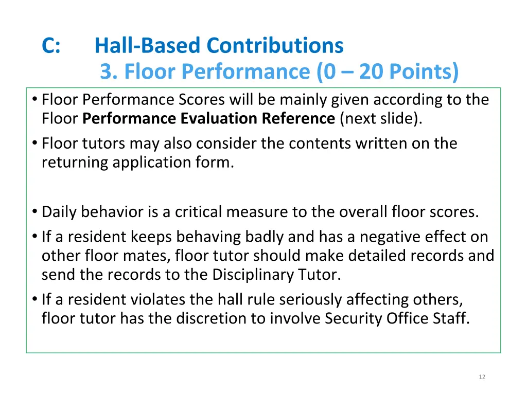 hall based contributions 3 floor performance