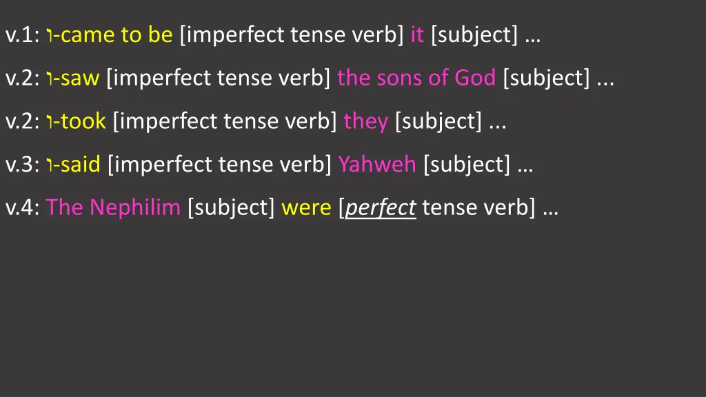 v 1 came to be imperfect tense verb it subject