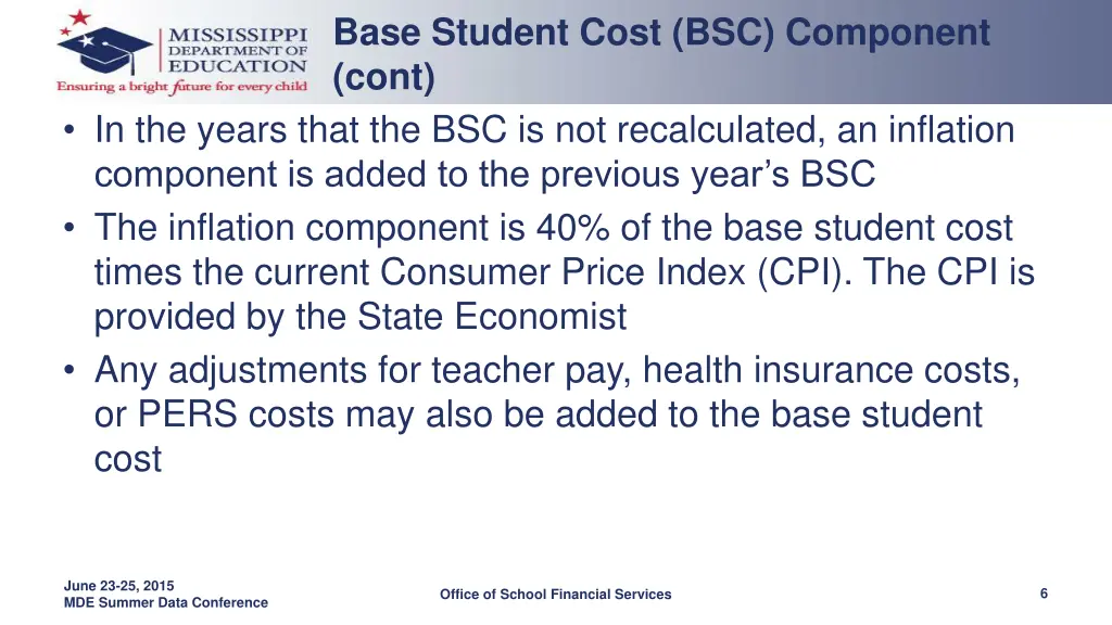 base student cost bsc component cont