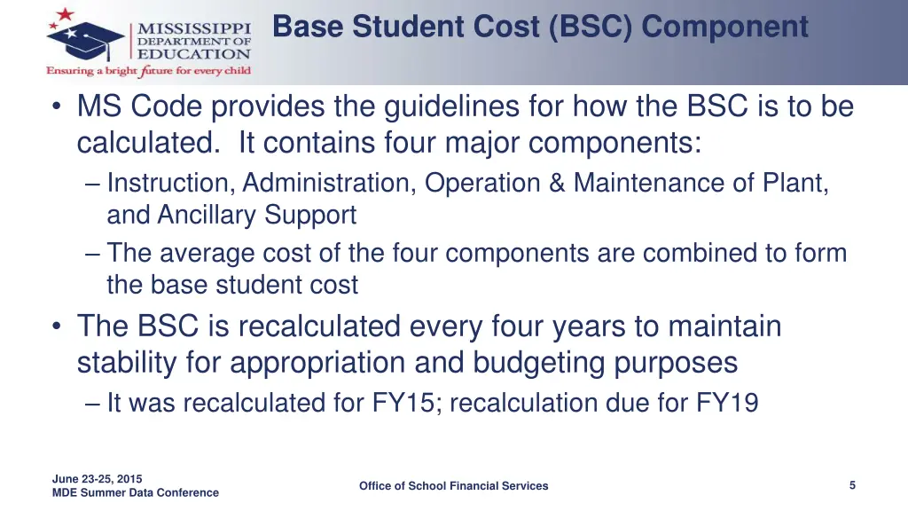 base student cost bsc component