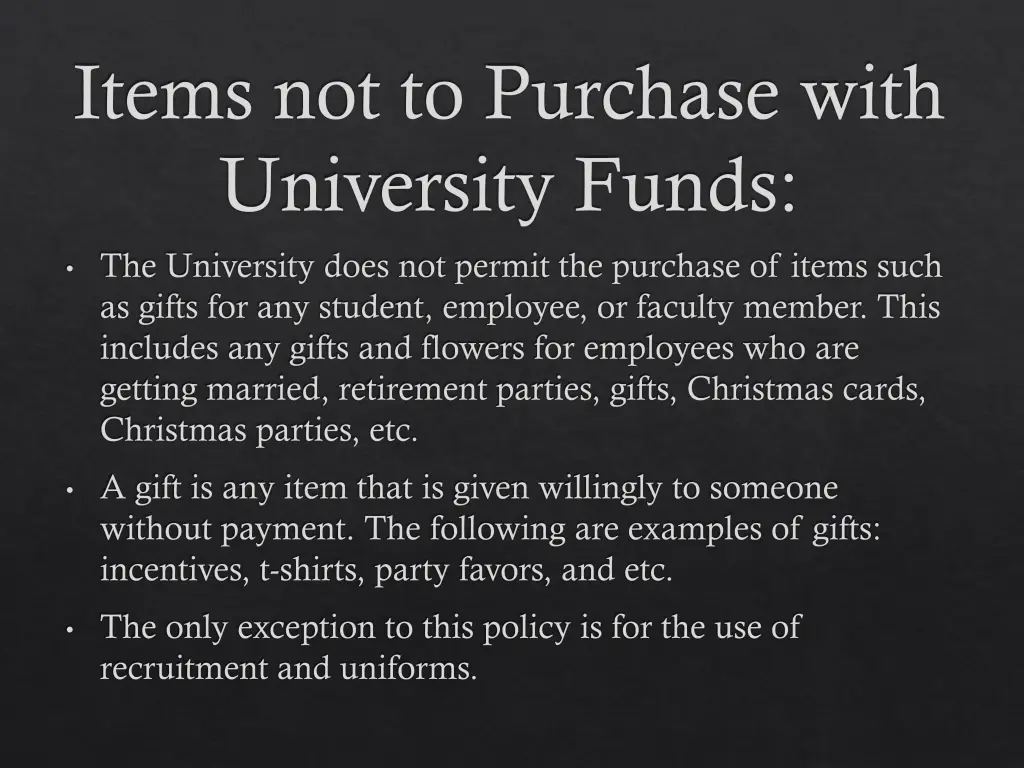 items not to purchase with university funds