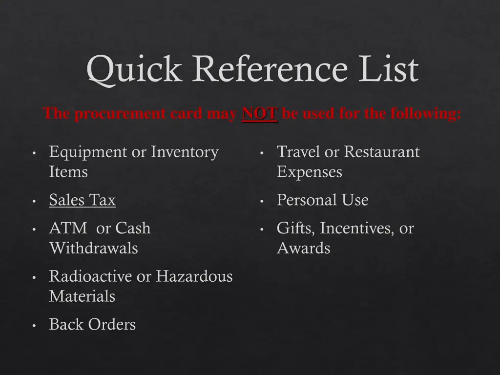 quick reference list