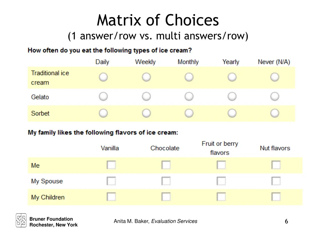 matrix of choices 1 answer row vs multi answers