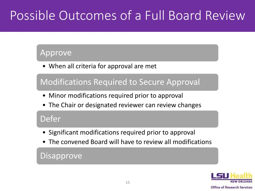 possible outcomes of a full board review