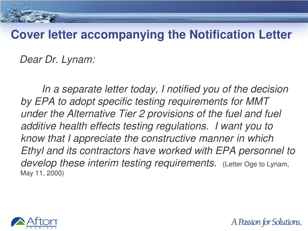 cover letter accompanying the notification letter