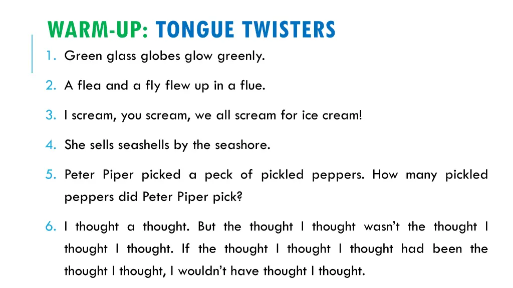 warm up tongue twisters 1 green glass globes glow