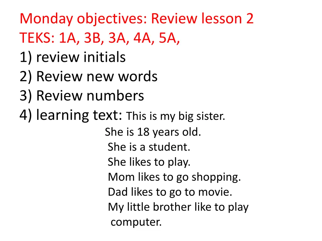 monday objectives review lesson 2 teks