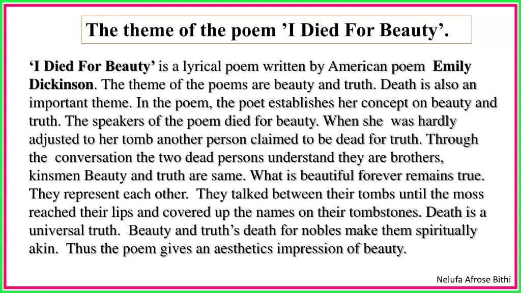 the theme of the poem i died for beauty