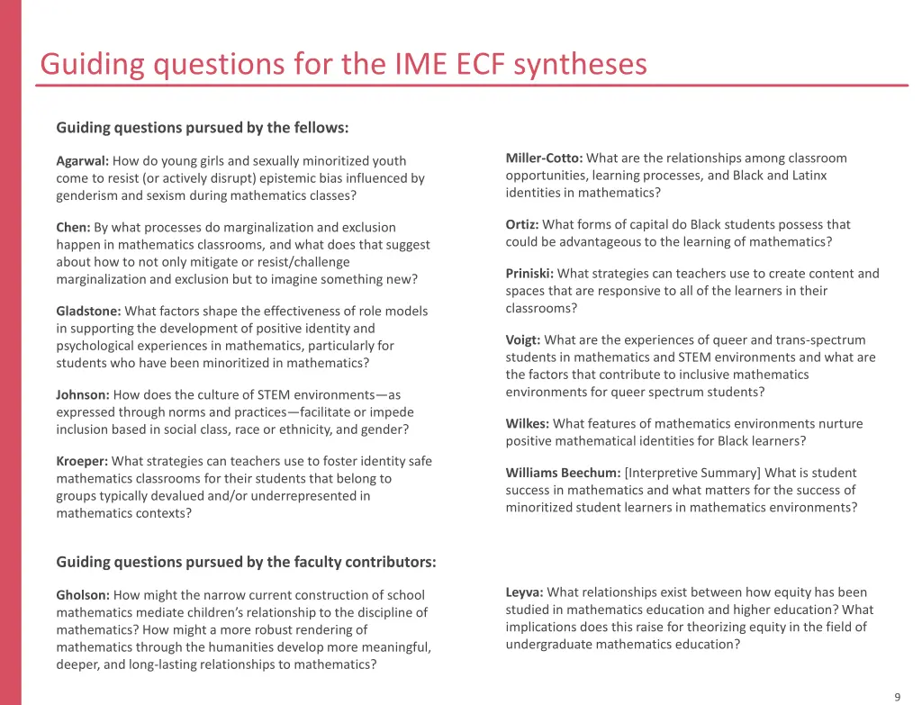 guiding questions for the ime ecf syntheses