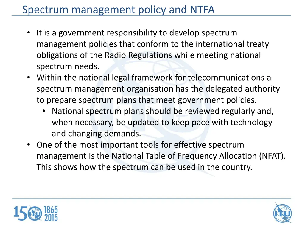 spectrum management policy and ntfa