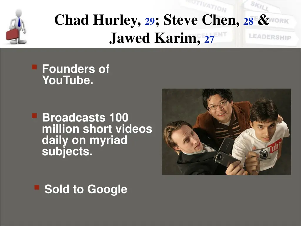 chad hurley 29 steve chen 28 jawed karim 27