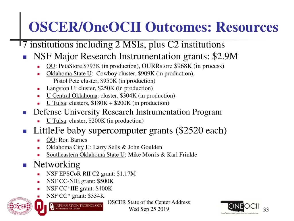 oscer oneocii outcomes resources 7 institutions