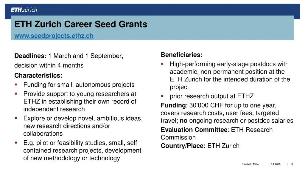 eth zurich career seed grants www seedprojects