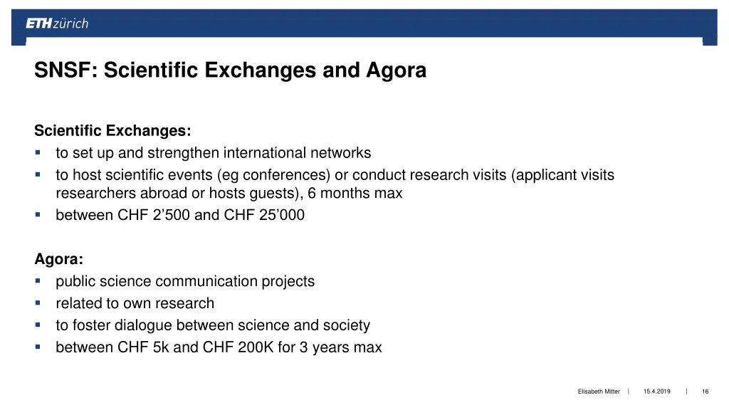 snsf scientific exchanges and agora