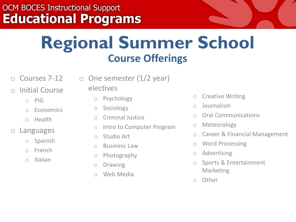 regional summer school course offerings