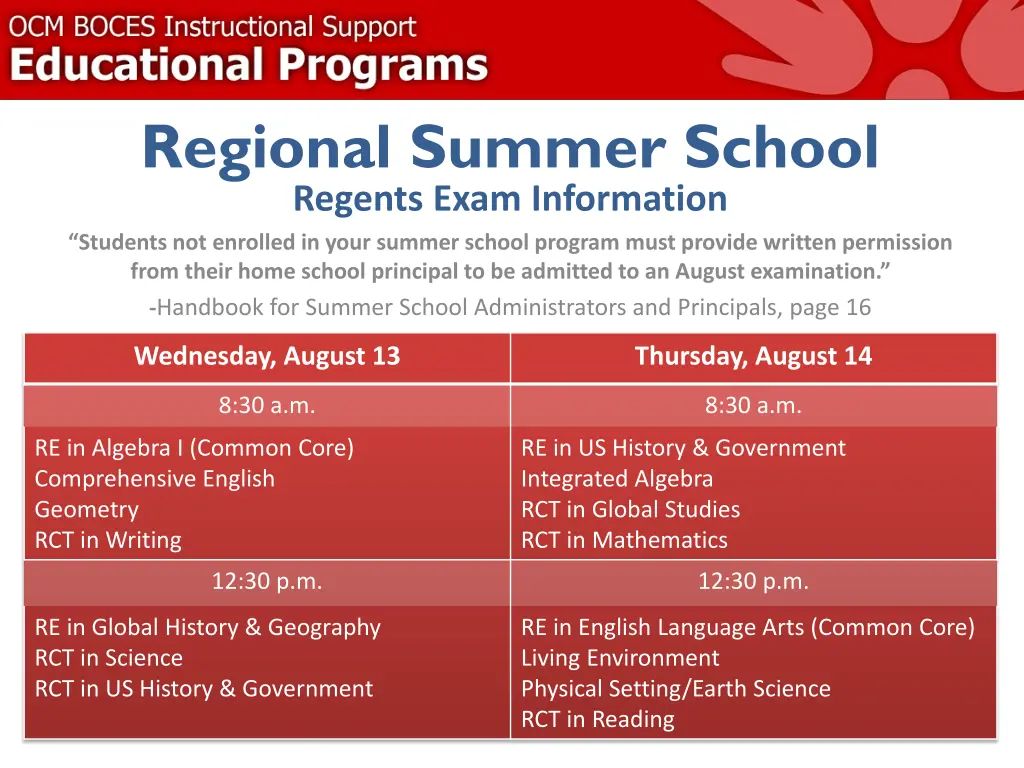 regional summer school regents exam information