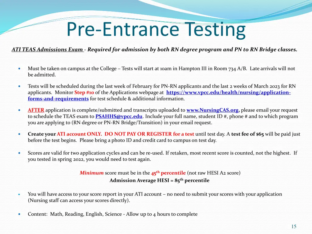 pre entrance testing