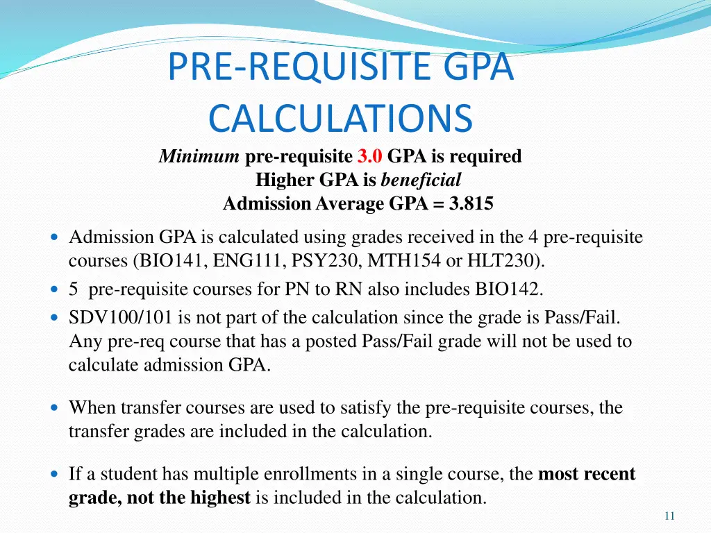 pre requisite gpa calculations minimum