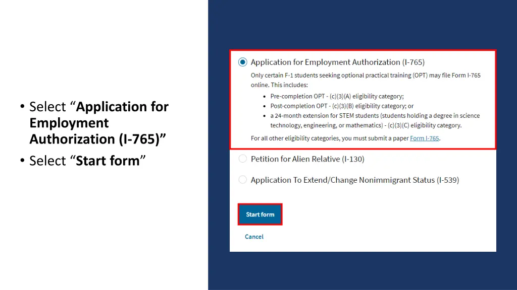 select application for employment authorization