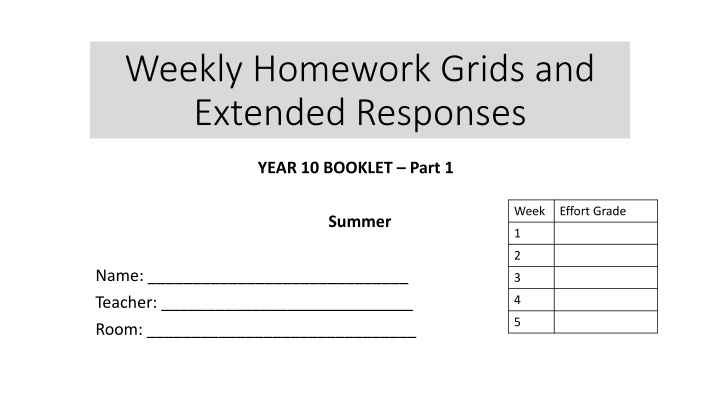 weekly homework grids and extended responses