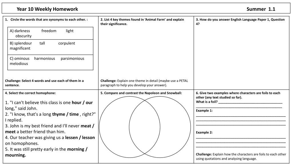 year 10 weekly homework summer 1 1