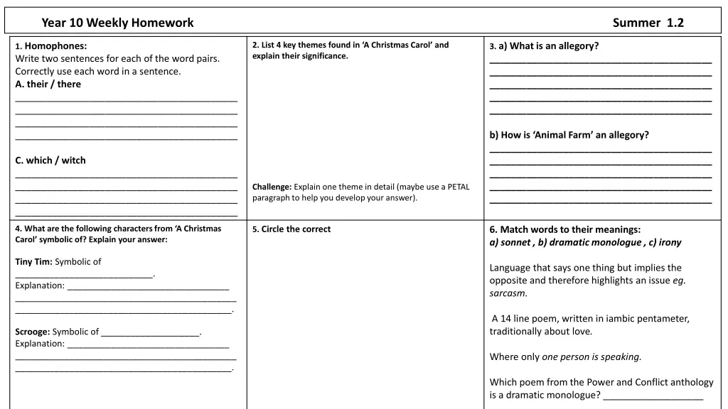 year 10 weekly homework summer 1 2