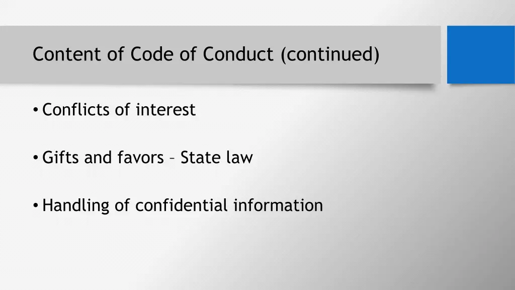 content of code of conduct continued