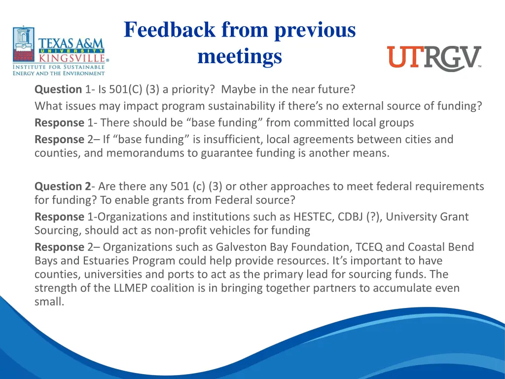 feedback from previous meetings