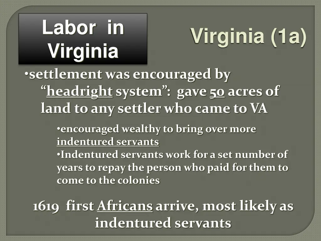 labor in virginia settlement was encouraged