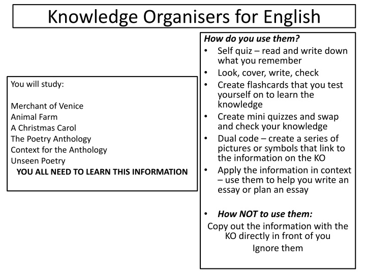 knowledge organisers for english