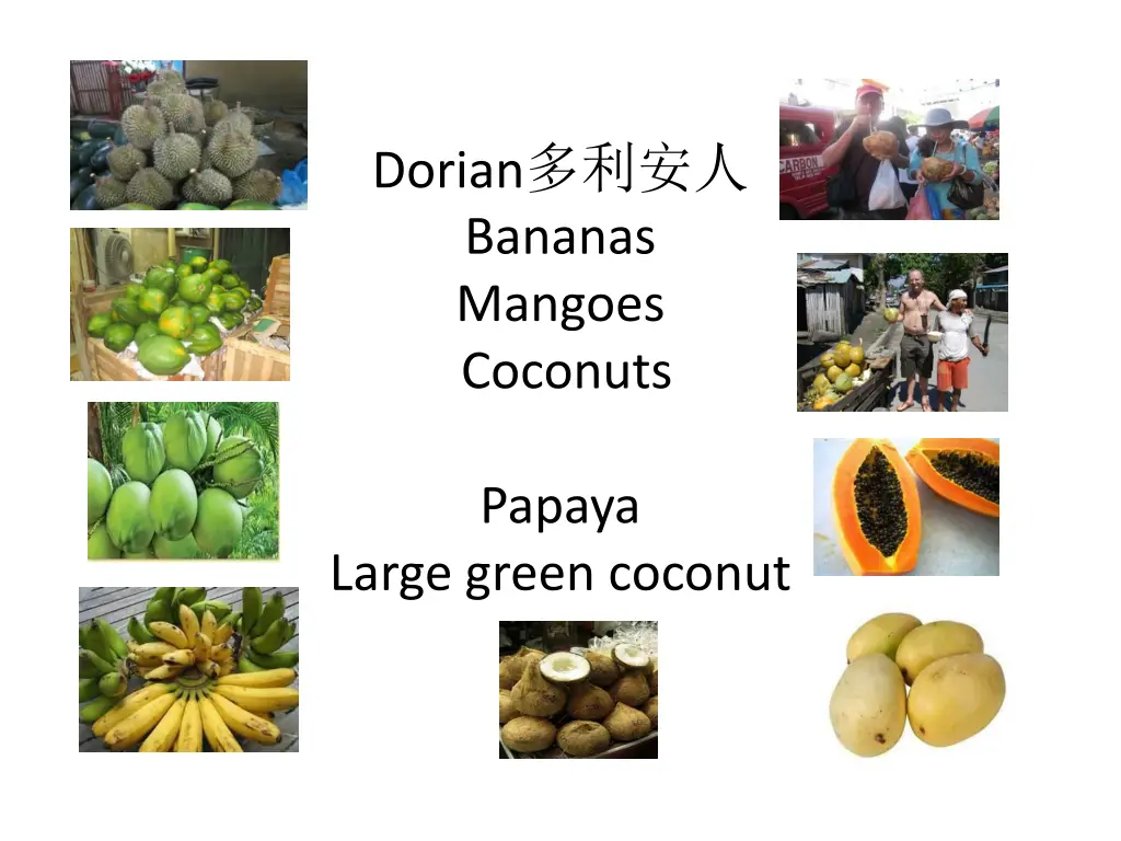 dorian bananas mangoes coconuts