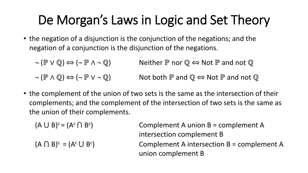 de morgan s laws in logic and set theory