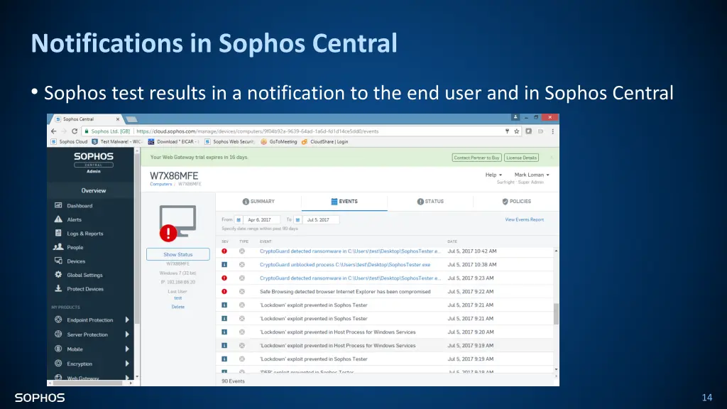 notifications in sophos central